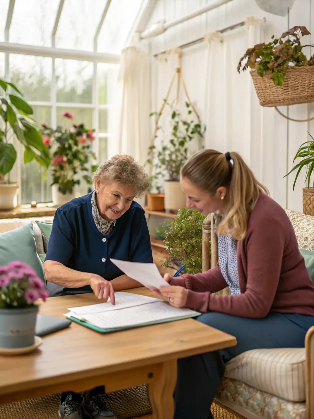 A caregiver receiving guidance and support from an AMCSA facilitator, with a warm and supportive atmosphere, representing the Caregiver Support Programs.