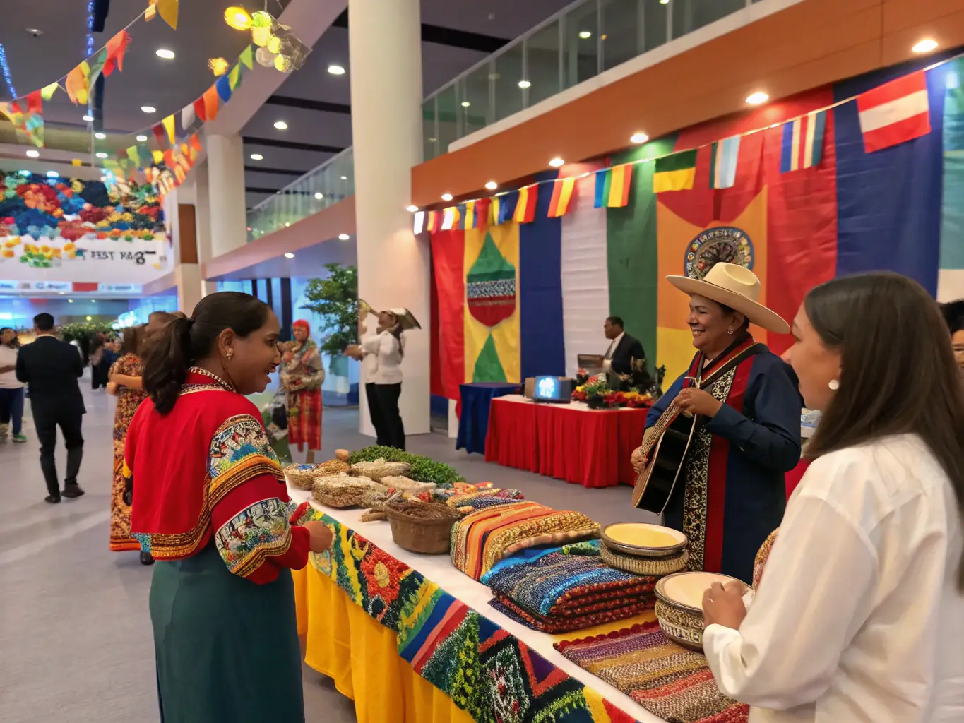 A group of people from different cultural backgrounds participating in a cultural exchange event, sharing traditions and experiences.