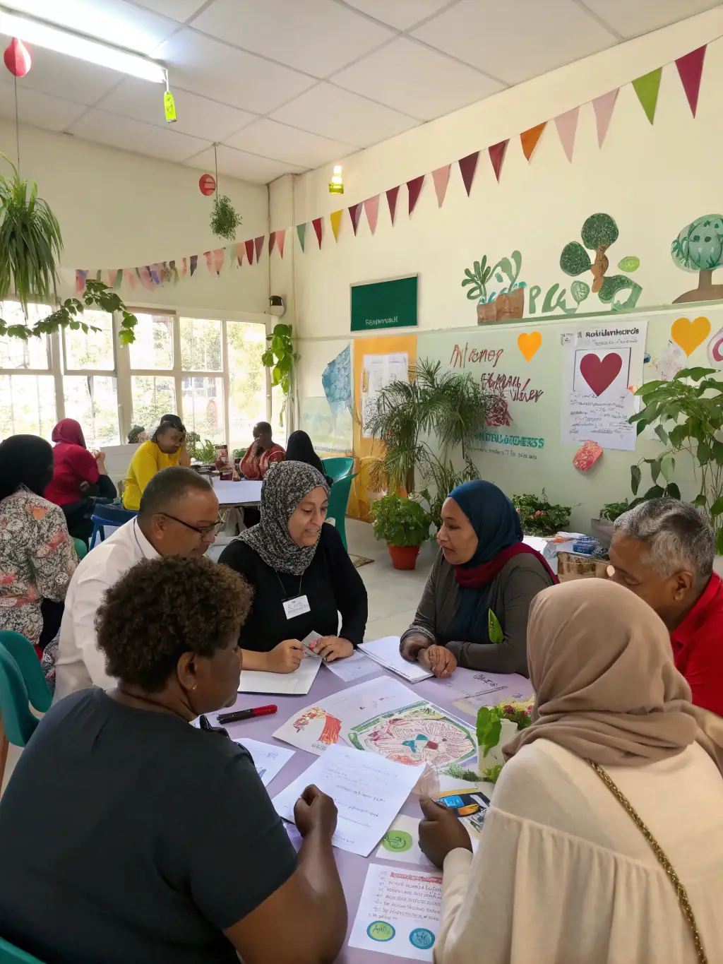 A group of diverse individuals participating in a health workshop, smiling and engaged, in a brightly lit community center, representing AMCSA's Health Support Services.