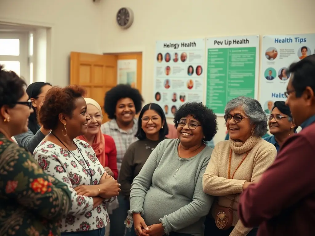 A diverse group of people participating in a health awareness workshop, focusing on culturally sensitive health practices.